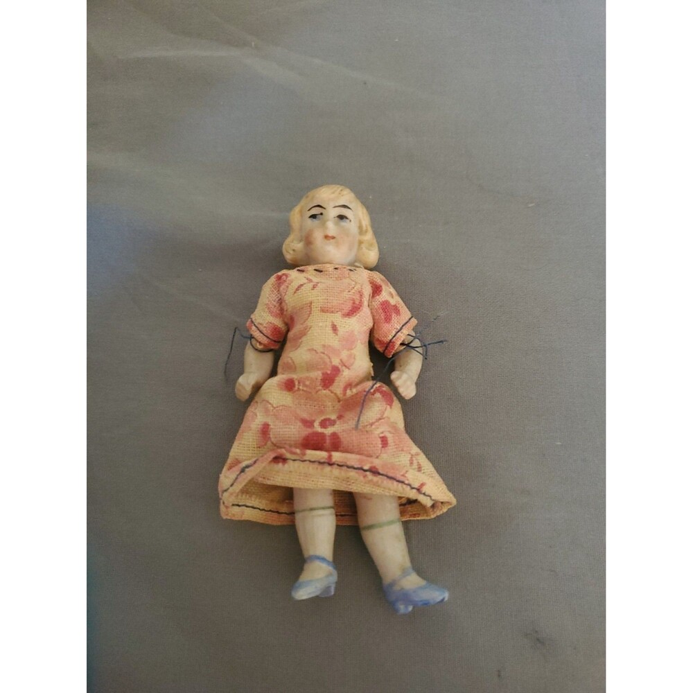 Antique All Bisque Girl Doll 3.5" Jointed with Original Clothes